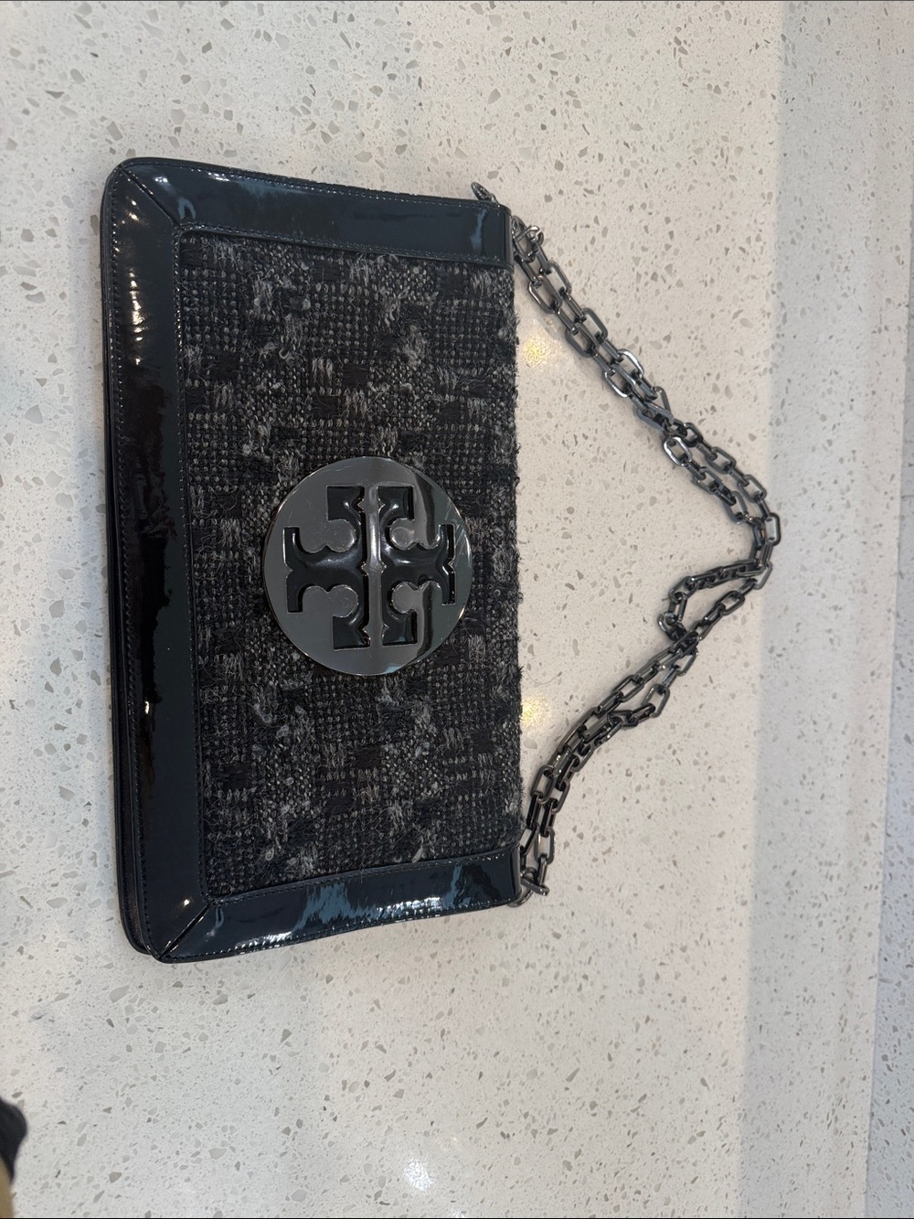 Tory Burch Reva Tweed Clutched Crossbody Bag in Excellent condition with COA.